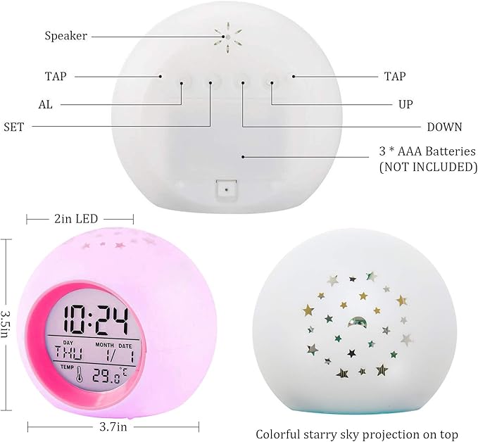 Tarklanda Kids Alarm Clock,Moon Stars Projector Alarm Clock,7 Color Changing Night Light,Snooze Touch Control Temperature for Kids’ Bedroom, Digital Clock for Girls Boys Children