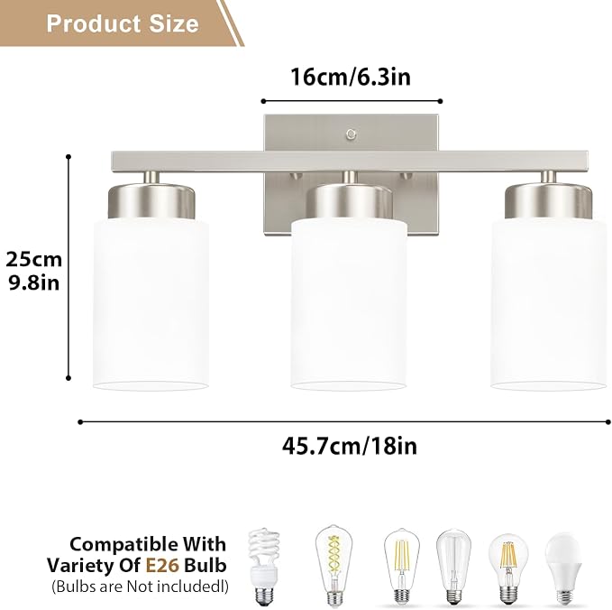 IZORRO Modern Bathroom Light Fixtures, 3 Light Brushed Nickel Vanity Lights, Bathroom Lighting Fixtures Over Mirror with White Glass for Living Room Cabinet Bedroom