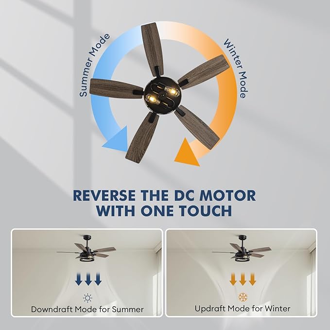 42-Inch Farmhouse Flush Mount Ceiling Fan with Light Vintage Wood-Grain Quiet High-Power APP + Remote. Ideal for Indoors Bedrooms, Living Rooms Patios.