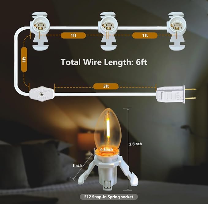 Accessory Cord with 3 LED Night Light Bulbs - White Cord with On/Off Switch- C7 led Bulb Warm White 2700K with Spare Fuse for Holiday Decoration and Craft Village House Decoration