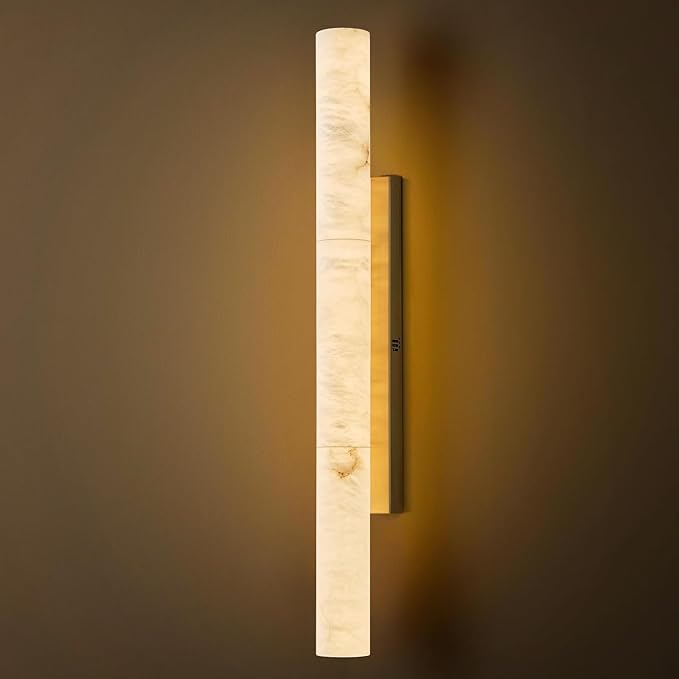 Natural Alabaster Wall Sconces, 36" Large Bronze Wall Sconce, Modern Gold LED Sconce, Cylinder Spanish Marble Sconces Perfect for Living Room, Bedroom, Hallway, Stairs