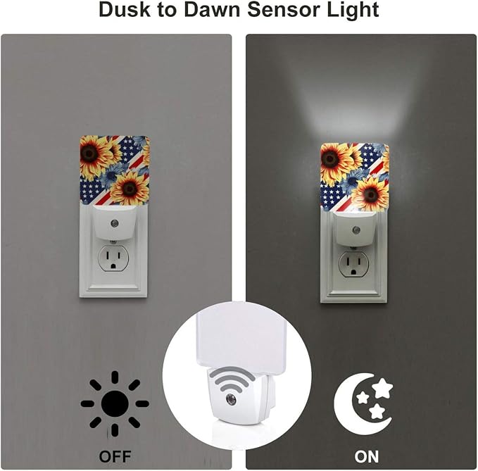 Sunflowers Floral Stripes Flag LED Plug-in Night Light 2-Pack, Auto Sensor Nightlights Set of 2 for Bedroom Bathroom Corridors