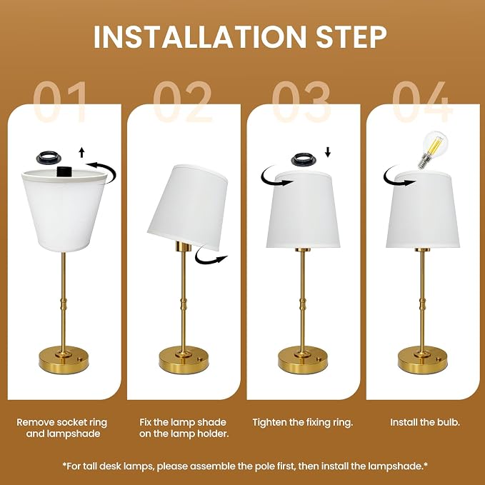 Gold Portable Cordless Table Lamp, Rechargeable Bedside Lamp, Tall | 3000mAh battery, touch stepless dimming, 2700K warm light, fabric shade and USB-C charging for bedroom, nightstand and desk.