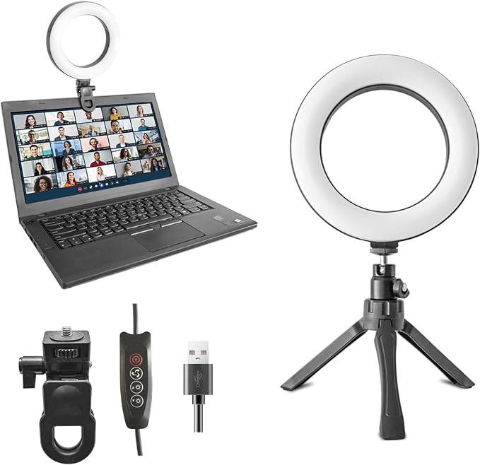 6" Ring Light Video Conference Kit, 5-Color 10-Brightness Clip-On Light with Stable Ring-Light Clamp & 5" Tripod, Desk/Zoom/TikTok, Makeup Light, Selfie Light