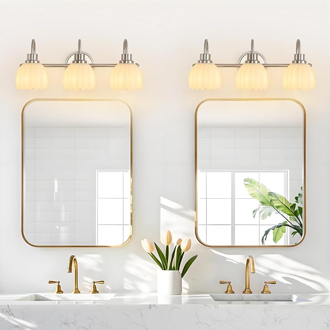 Bathroom Light Fixtures(3-Light, 20 Inch), Brushed Nickel Vanity Lights for Bathroom with Ribbed White Tulip Glass Shade, Vintage Vanity Wall Lights for Mirror Bedroom Living Room Hallway