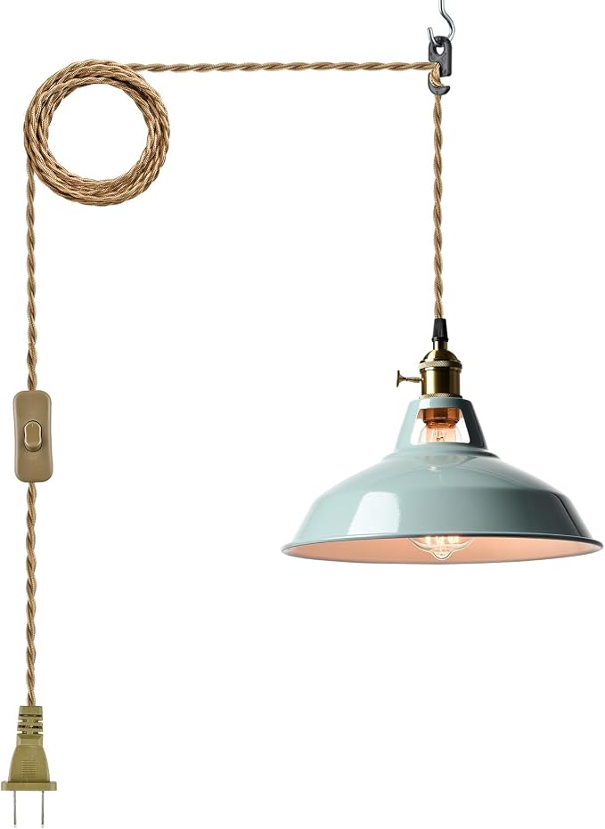YUBOLE Modern Macaron Plug-in Plendant Light,10.6-Inch Metal Barn Shade | Swag Hanging Light Fixtures with Adjustable 17.06 Feet Plug Cord Pendant for Kitchen Bar Dining Bedroom,Sea Blue