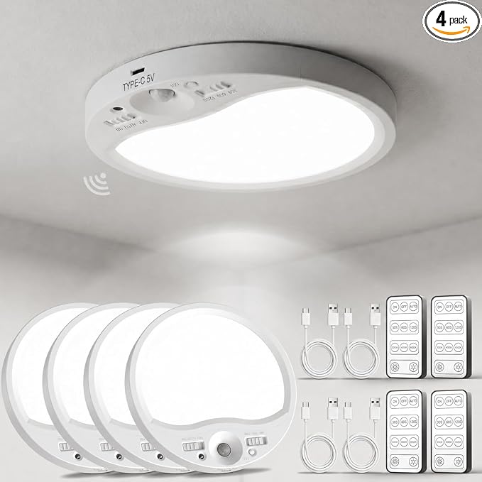 TANBABY Rechargeable Motion Sensor Ceiling Light Indoor with Remote, 4 Pack | Wireless LED Shower Light, 8000mAh Battery Long Lasting Closet Light, 3 Color Dimmable, Timer, No Wiring for Hallway Pantry