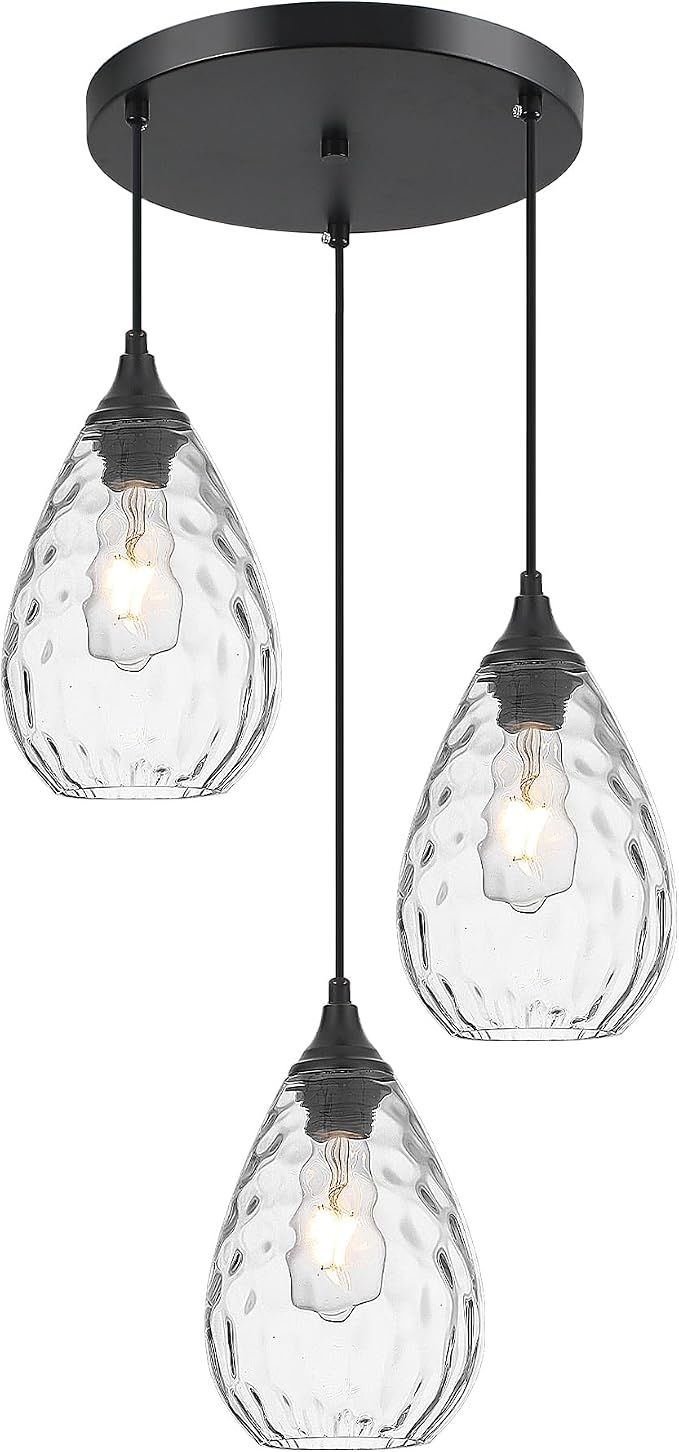 Black 3-Light Pendant Lighting, Modern Dining Room Light Fixture Over Table with Hammered Glass, Cluster Hanging Lights for Kitchen Island Dining Room