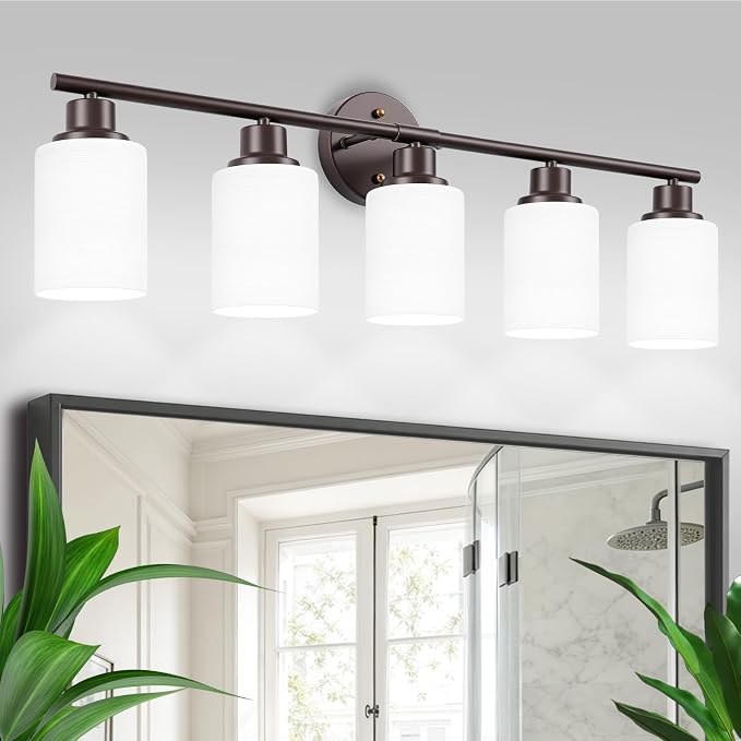5-Light Bathroom Light Fixtures, Vanity Lights for Mirror with Textured Milky White Glass Shade, Modern Kitchen Light Fixtures Wall Sconce Light - E26 Base - Oil-Rubbed Bronze