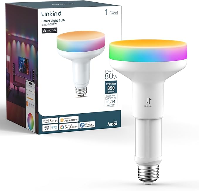 Linkind Matter BR30 Smart Light Bulbs with Stretchable Design & 4-Zone Aurascape Color, 850LM Recessed Smart Flood Light Bulb, Works with Alexa/Apple Home/Google Home, Music Sync Light Show, 1 Pack