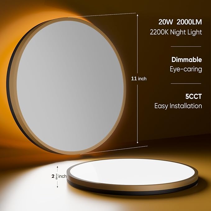 11 Inch Flush Mount Ceiling Light with Remote Control & Night Light, 5CCT Dimmable Ceiling Light Fixture, 20W 2000LM 2700K-6500K Adjustable LED Ceiling Lights for Bedroom Kitchen Living Room