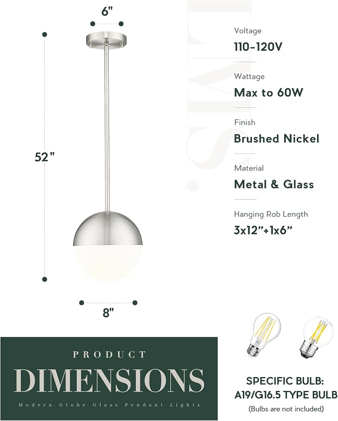 2 Pack Modern Pendant Lights, Mid Century Brushed Nickel Kitchen Lighting with White Globe Glass Shade, Adjustable Hanging Light Fixtures Ceiling Light for Home Office Dining Room, LMS-186BN2PK