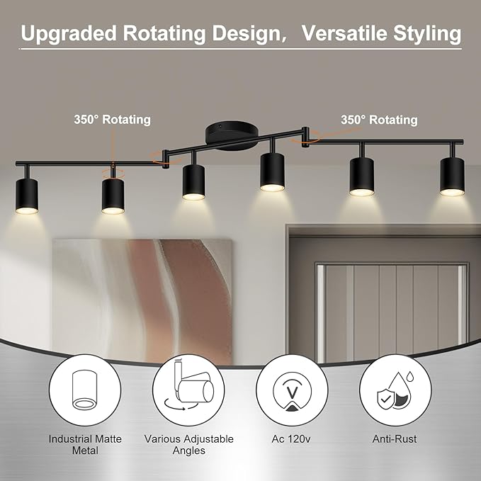 6 Light Track Lighting Fixtures Ceiling, Matte Black Kichen Track Lighting Fixtures with Rotatable Light Heads, Foldable Lamp Arms, Modern LED Track Lights for Kitchen/Hallway, No GU10 Bulb