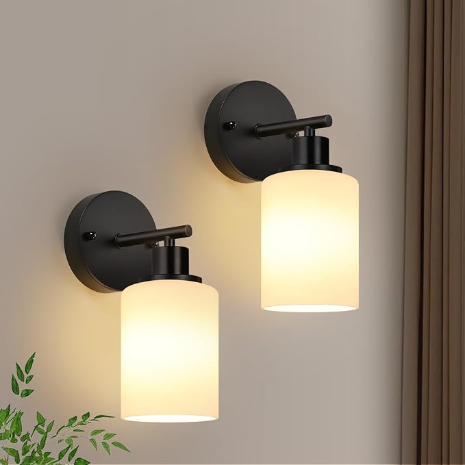 Set of 2 Wall Sconces for Bathroom,Black Modern Vanity Lights with Milky White Frosted Glass Shades,Bathroom Wall Lamp, for Bathroom, for Mirror, Living Room, Kitchen, Hallway, Cabinet, Porch