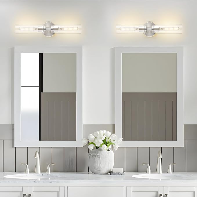 Lanhall 2-Light Brushed Nickel Bathroom Light Fixtures Over Mirror Modern Vanity Light Wall Lighting with Clear Glass Shade for Bathroom, Bedroom, Hallway, Cabinet