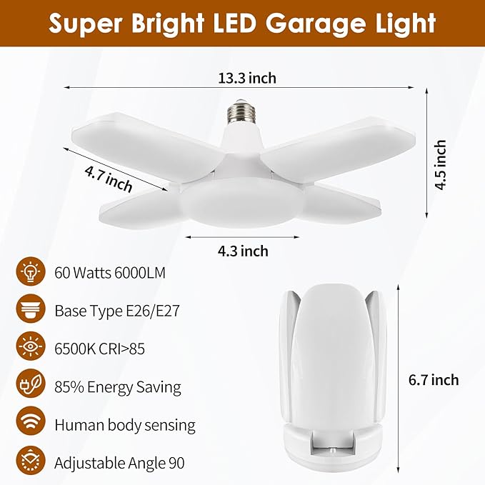 YWD LED Garage Light Motion Sensor, E26/E27 Screw-in Ceiling Mount LED Motion Activated Light for Garage/Shop/Porch - 60W 6000LM 6500K
