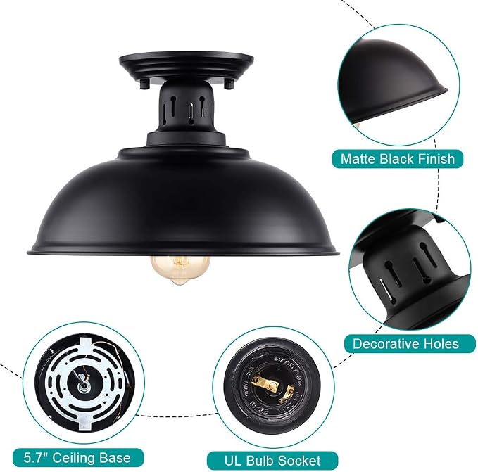 HMVPL Semi Flush Mount Ceiling Light Fixture, Farmhouse Light Fixtures, Black Outdoor Close to Ceiling Light for Porch, Entryway, Hallway, Foyer, and Gazebo