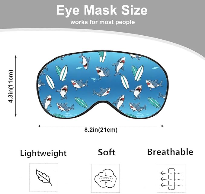 Blue Sharks Sleep Mask Eye Mask Ocean Sea Animal Fish Marine Funny Cute Wildlife Surfboard Sleep Mask Light Blocking Adjustable Smooth Soft for Women Deep Rest Travel