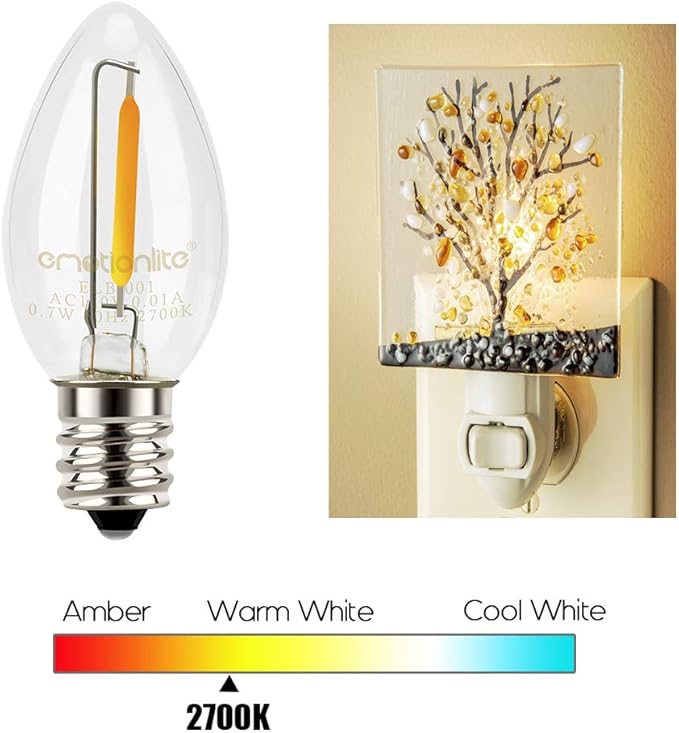 Emotionlite Night Light Bulbs, C7 Candelabra Bulb, LED Light Bulbs with E12 Chandelier Base, 0.5 Watt (4W 5W 6W 7W Incandescent Equivalent), 50LM, Warm White, 2700K, Clear, 8 Pack