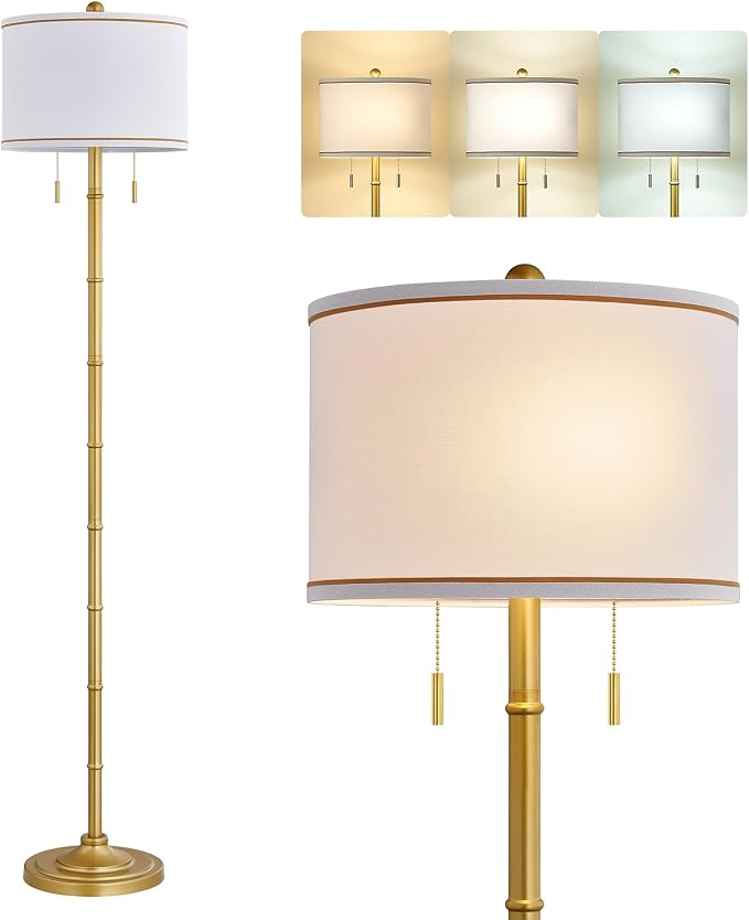 Upgraded 2-Light Mid Century Modern Glod Floor Lamp for Living Room | 63.5'' Tall Floor Lamp with 3 Color Temp Bulbs, Living Room Lamp with Chain Switch, Standing Lamp for Bedroom, Office, Corner