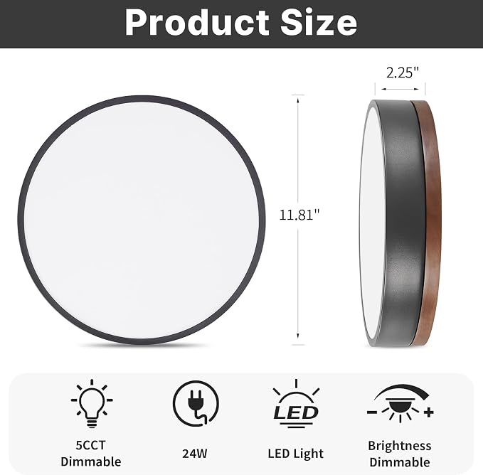 12" Minimalist Black and Walnut Wood LED Flush Mount Ceiling Light | Natural Wood Accent, Integrated LED, 5CCT Before Installation, Slim Low-Profile Design, Minimalist Modern Style, Compact Size