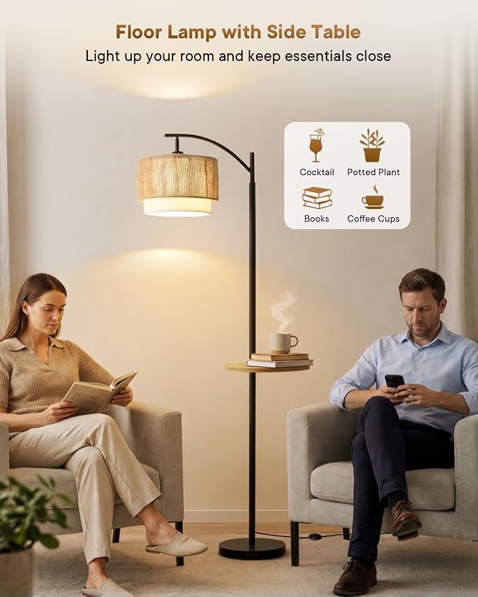 PESRAE Rattan Floor Lamp for Living Room with Side Table, Farmhouse Arc Floor Lamp with 3 Color Temperatures and Rattan & Fabric Lamp Shades, Boho Standing Lamp for Living Room, Bedroom Corner