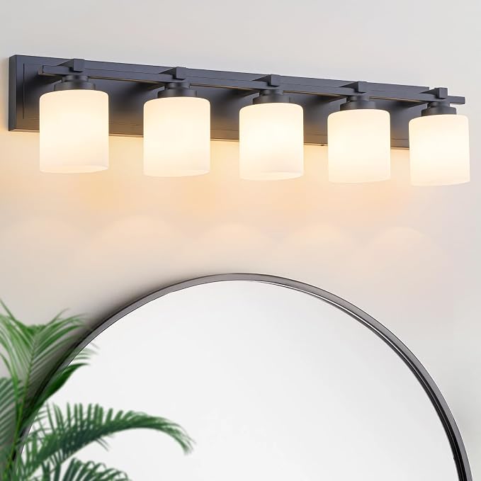 Modern Bathroom Light Fixtures Over Mirror, Vanity Lights for Bathroom Wall Sconces with Milky White Glass Shades, E26 Socket (Bulbs Not Included), 5 Light, Black