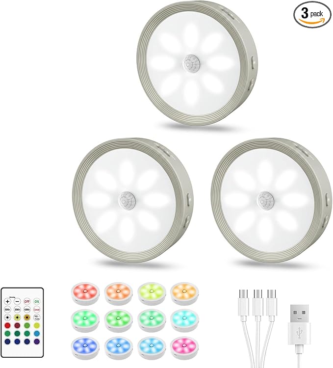 3-PACK Led Puck lights Closet Lights Motion Sensor Cabinet Lights Grey | 3 color temps & 12 RGB, dimmable, 15/30/60 mins timer, memory, magnetic/stick on, 3.3'' led lights for kitchen, closet, stair