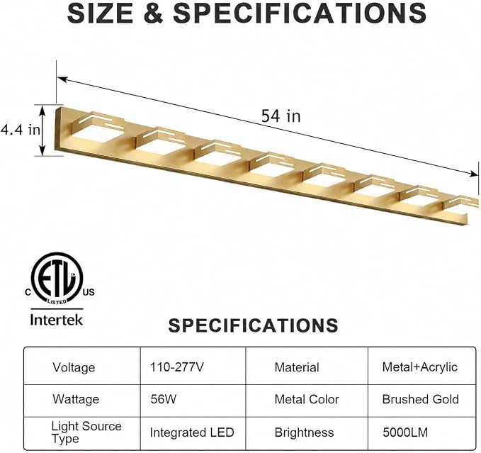 LED Modern Bathroom Vanity Light Fixtures, Dimmable Gold Vanity Lights for Bathroom Lighting Fixtures Over Mirror, with 360° Rotatable Heads 8-Light 54-inch (Cool White 6000K)