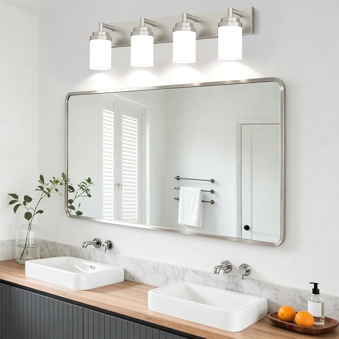 Bathroom Light Fixtures, Brushed Nickel Bathroom Lighting Fixtures Over Mirror, Modern Vanity Light with White Glass Shade, Restroom Lighting Fixtures, 4-Light 30-inch