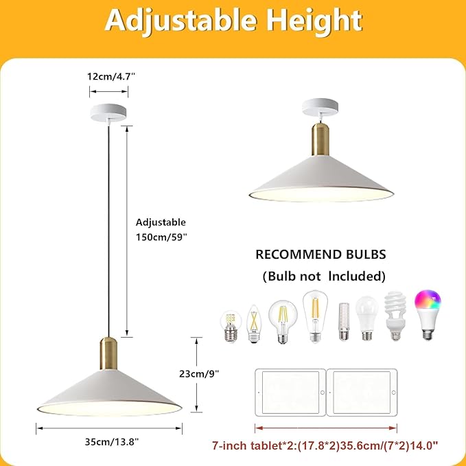 KCO Lighting Modern Cone Pendant Lighting White and Gold Pendant Light Kitchen Island Farmhouse Dome Pendant Light Mid Century Living Room Light Fixture Over Dining Table (White)