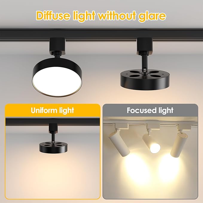 Diffuse LED Track Lighting Heads H Type, 12 Pack Black | Dimmable Track Light Heads, Kitchen Ceiling Fixtures Compatible with H Track Rails, Flicker Free CRI90+ 3000K 12W 1000lm