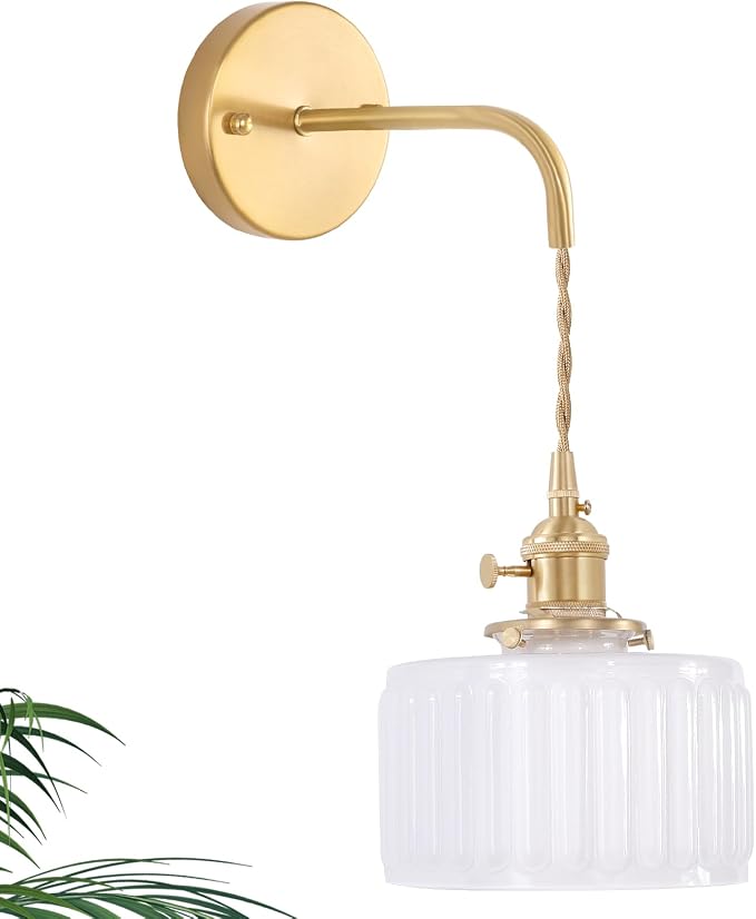 Shenmoyl Vintage Wall Sconce with White Striped Shade Pattern Glass Adjustable Chain Retro Gold Wall Mounted Light, Modern Wall Lamp Fixtures Decor for Bedside Bedroom Indoor Doorway