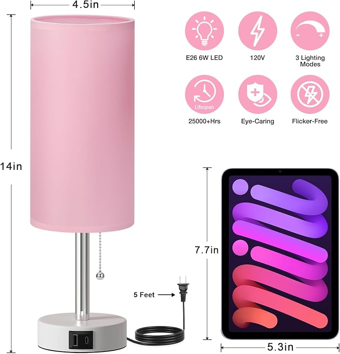 Dicoool Pink Bedside Table Lamp for Girls Bedroom - USB A+C Charging Ports | 3 Color Temperatures, USB A+C Port, Bulb Included, Pink Fabric Shade, Matte White Metal Base, 14" Desk Lamp for Kids Dorm