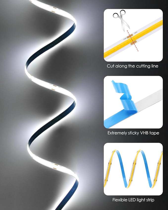 Aclorol COB LED Strip Light 32.8FT 24V Cold White 6000K Dimmable Brightness | Flexibel LED Tape Lights with Power Supply and Remote, Dotless Light Strip for Kitchen Cabinet Mirror DIY Lighting Project
