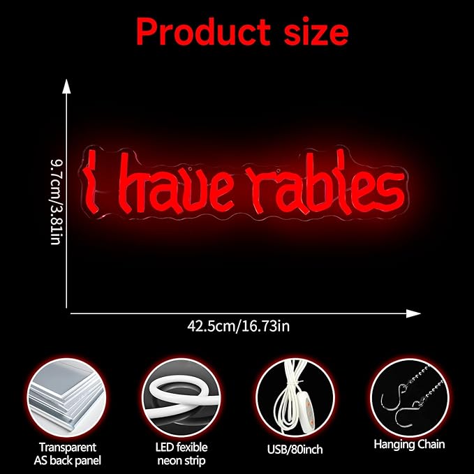 I Have Rabies Neon Sign for Wall Decor Gothic Led Neon Light Weird Light Up Sign for Dark Humor Unhinged Meme Bedroom Home Bar Club Wall Art Decoration Goth Lover Gift