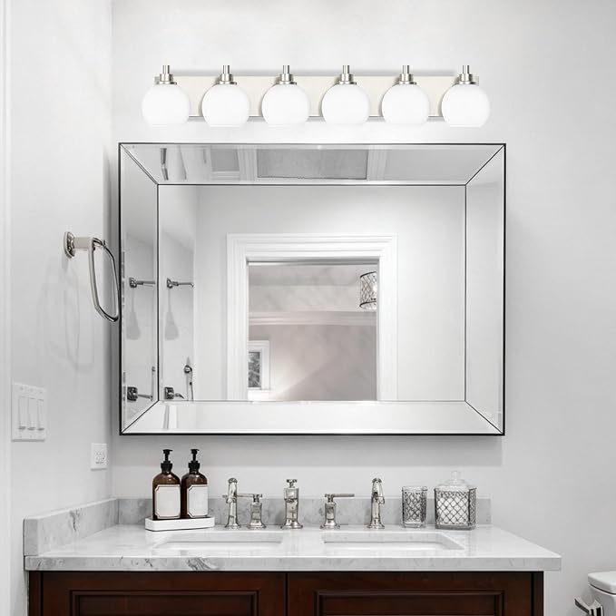 IZORRO Bathroom Light Fixtures, 6-Light Brushed Nickel Vanity Light, Modern Wall Sconces with Globe Milk White Glass Shade, Vanity Lighting Fixtures Over Mirror,E26 Bulb Socket