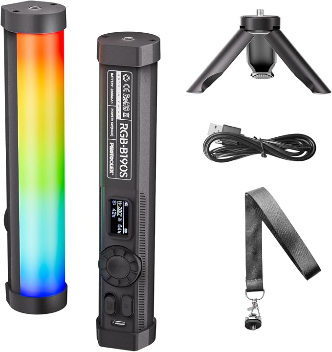 PHOTOOLEX 360°RGB Tube Light, LED Video Light Wand, Magnetic Light Stick | 2500K-9900K/360° Full Color/CRI 96+/2600mAh/Rechargeable/Handheld, Photography Light Bar for TikTok YouTube