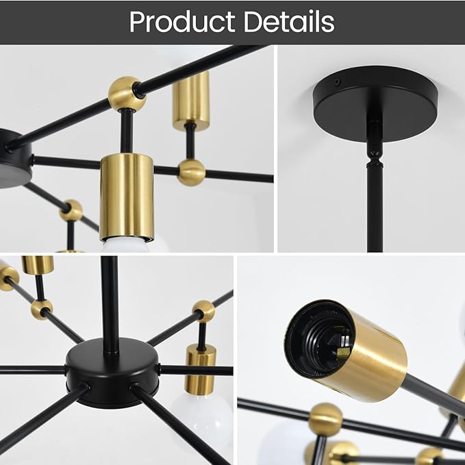 Modern Chandeliers for Dining Room with 12-Lights Adjustable Height Black and Gold Pendant Lights Kitchen Island Sputnik Chandelier for Living Room Bedroom Foyer Entryway