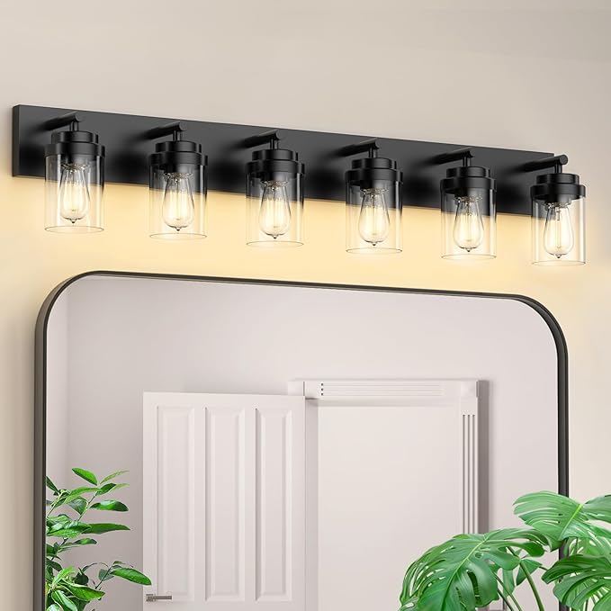 IZORRO Bathroom Vanity Light Fixture, 6-Light 46 Inch Matte Black Bathroom Light Fixtures Over Mirror, with Clear Glass Shade, Modern Farmhouse Vanity Lights, Rustic Restroom Lighting Fixtures