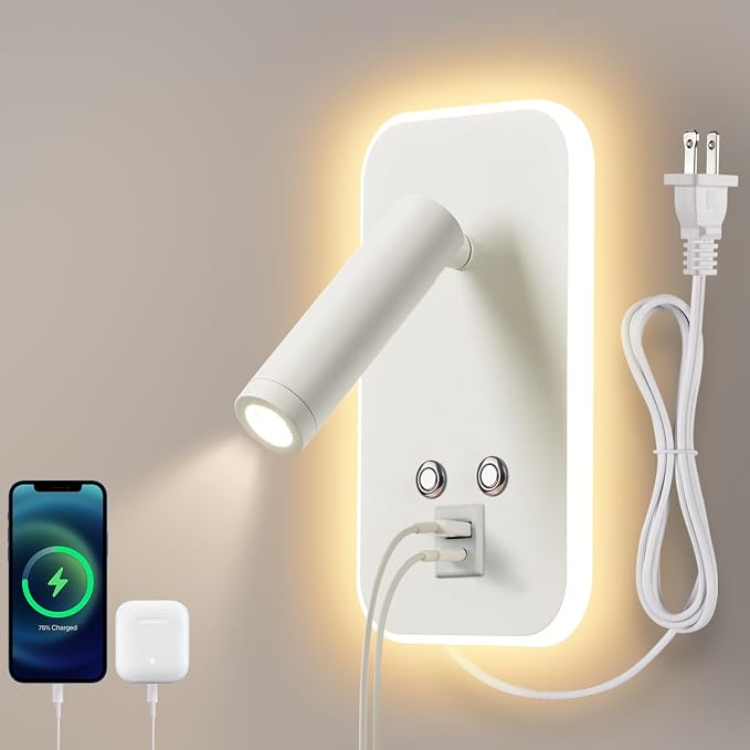 Wall-Mounted LED Bedside Reading Light with USB Charging Port, Stepless Touch Dimming, Plug-in or Hardwired Bed wall lamp for Bedroom, Night Light, Eye-Caring Bedroom Lighting, White