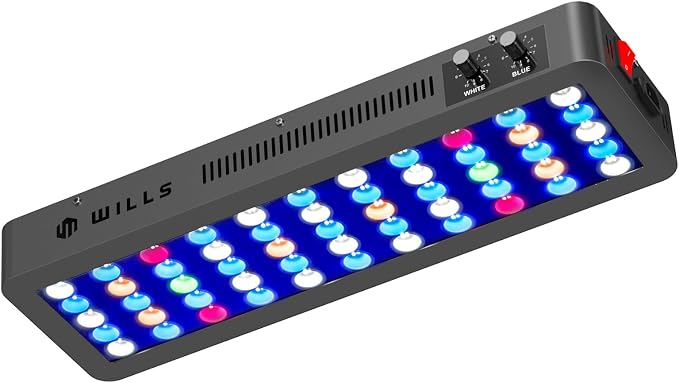 Wills Aquarium Light, 100W Full Spectrum LED Reef Lights, 20"x7"x2.4" | For Coral Saltwater Fish Tank, Blue/White Dual Dimmable Channels, 55 Premium SMD LEDs, Daisy Chain Design, Hanging Kit