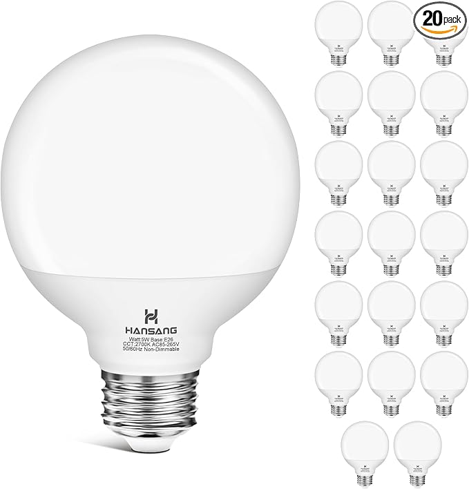 20 Pack G25 LED Vanity Barthroom Light Bulb 60W Equivalent 2700K Warm White | E26 LED Light Bulbs, CRI85+ Eye-Friendly, Type G Round Light Bulb for Makeup Mirror, 120V, 5W, 500LM No-flicker, Non-Dimmable