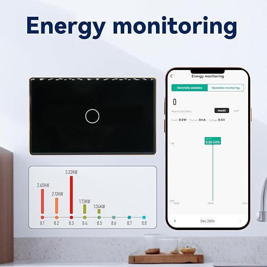WiFi Energy Monitoring Smart Light Switch,Single Pole 1-Button,Neutral Wire Required,2.4GHz,Compatible with Alexa,Tuya/Smart Life App,Single-Gang,Aluminum Frame 2.5D Glass Panel,Black