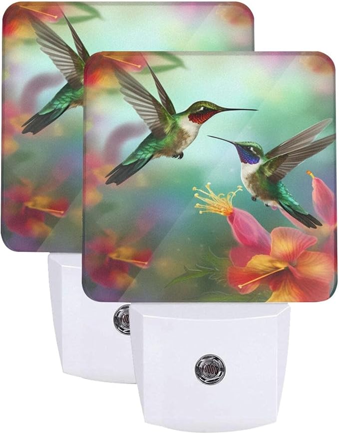 Hummingbirds Floral Night Light Set of 2, Flowers Birds Auto Sensor LED Dusk-to-Dawn Nightlights, Plug-in Sensor Lamp for Bedroom Bathroom Kitchen Hallway Stairs Decorative