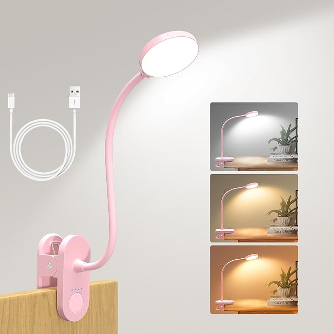 Rechargeable Clip on Light for Bed, Cute LED Reading Lamp for Girls Dorm Room, Portable Book Light with Clamp on Headboard Bedside Table, Flexible Lamp with 3 Color Temp & 10 Brightness (Pink/3.5'') | 10 Brightness Levels, Clamp Lamp with USB-C, 15.8''...