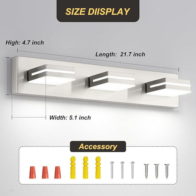 OKELI 3 Light Bathroom Vanity Light Brushed Nickel Modern 24W LED Dimmable Vanity Light Over Mirror 350° Adjustable Lamp Head Cold White 6000K ETL Listed 22Inch