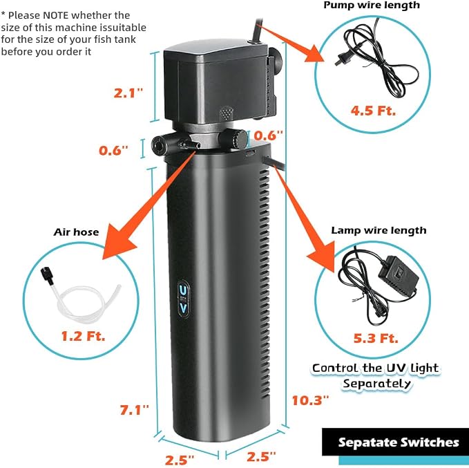 COOSPIDER Aquarium Filter with 5W U-V Light 200GPH for 30-100 Gallon Tank | Submersible Fish Tank Filter with 16W Powerful Pump for Green Clean, Turtle Tank, Oxygen Supply, Deodorization, Water Cycle