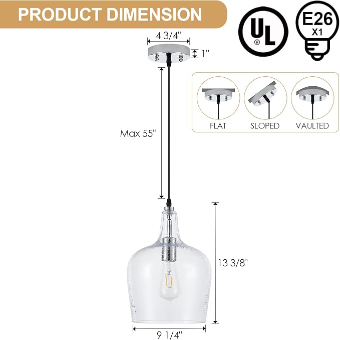 10”Chrome Hammered Glass Pendant Light Modern 1 Light Single Dome Pendent Lighting Fixtures for Kitchen Island Dining Room Hallway, UL Listed