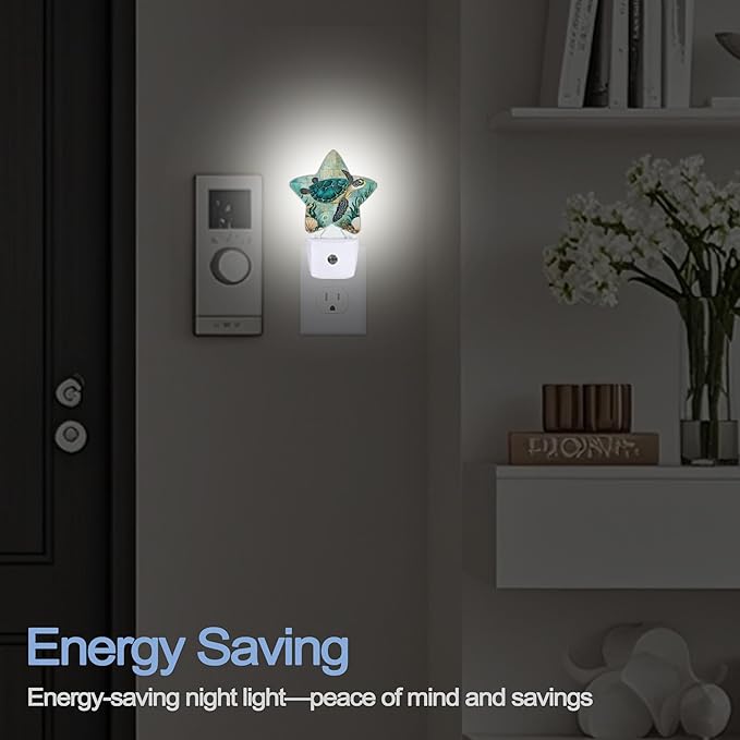 Sea Turtle Night Lights Plug Into Wall,Ocean Coral Starfish Star Night Light for Kids,Nightlight with Dusk to Dawn Smart Sensor for Bedroom Bathroom Decor,Children Women Men Gift